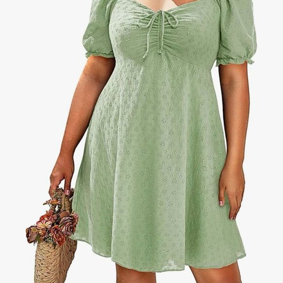 Floral Linen Blend Square Neckline Dress Green plus size NEW 2026 - Picture 10 of 13